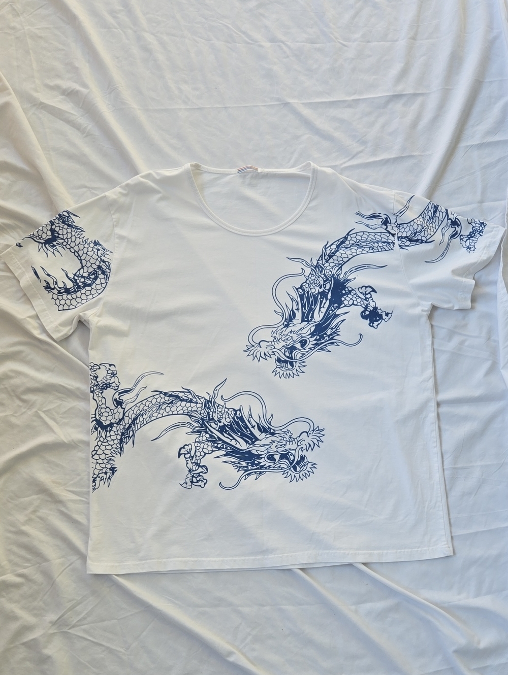 Men's White Graphic Tee 2 Light Blue Dragons Front and Only Sleeves On Back